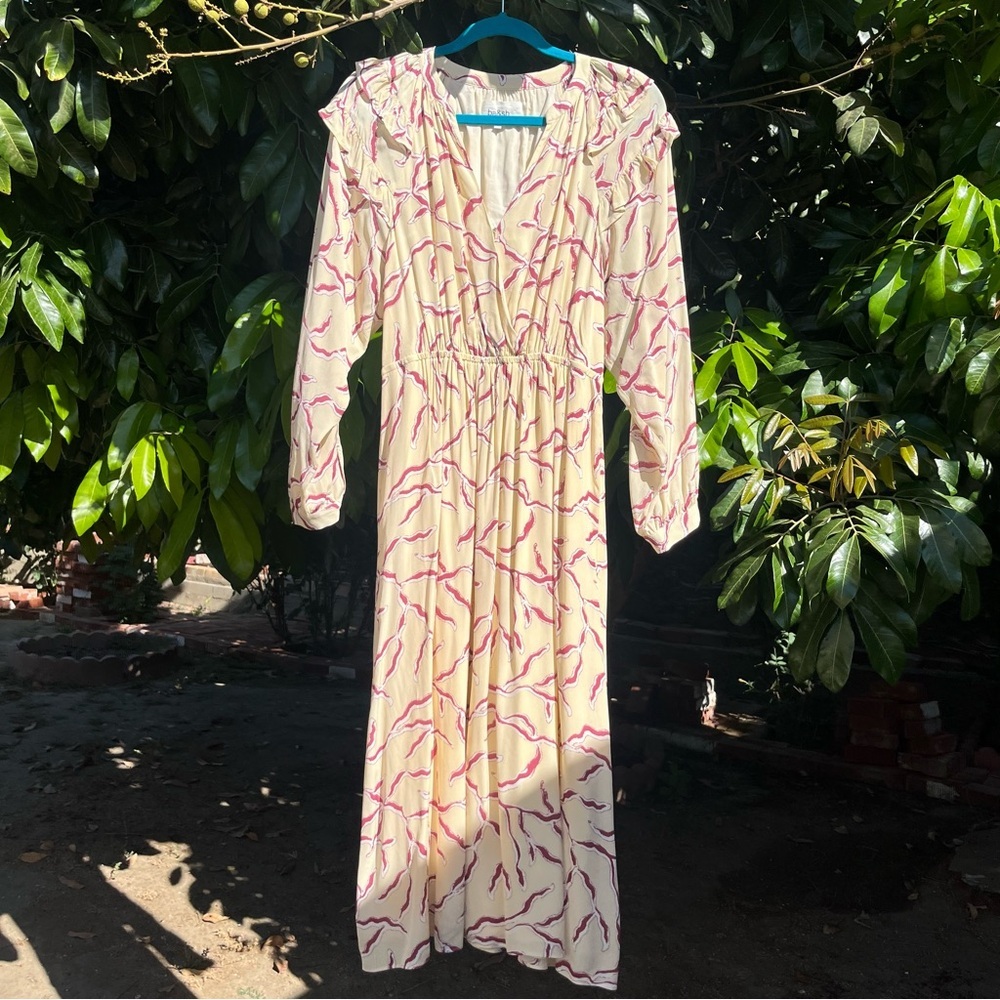 BA&SH ivory cream printed long sleeve ruffle surplice neck midi dress